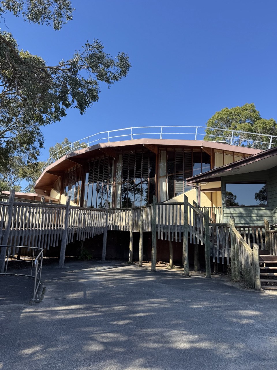 Handrail system on architecturally distinctive school building